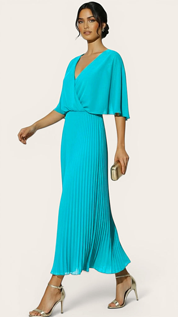 A3035 Turquoise Cape Pleat Dress