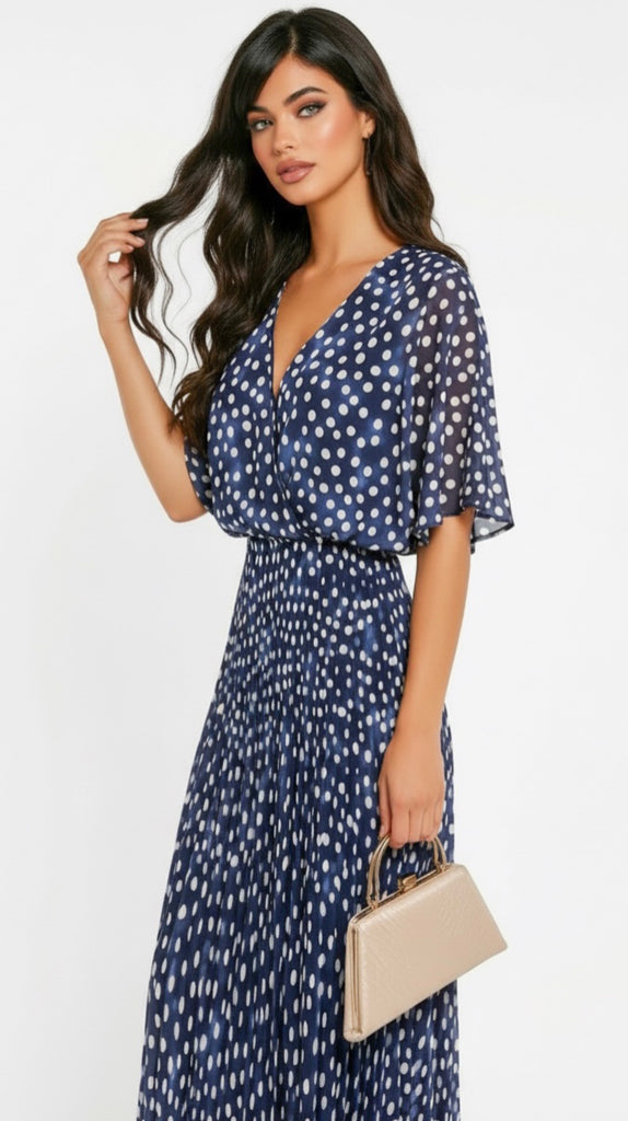 A2962 Navy Dotty Cape Pleat Dress