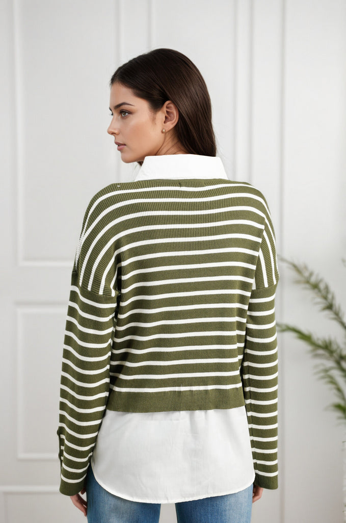 A2661 Khaki 2in1 Stripe Top