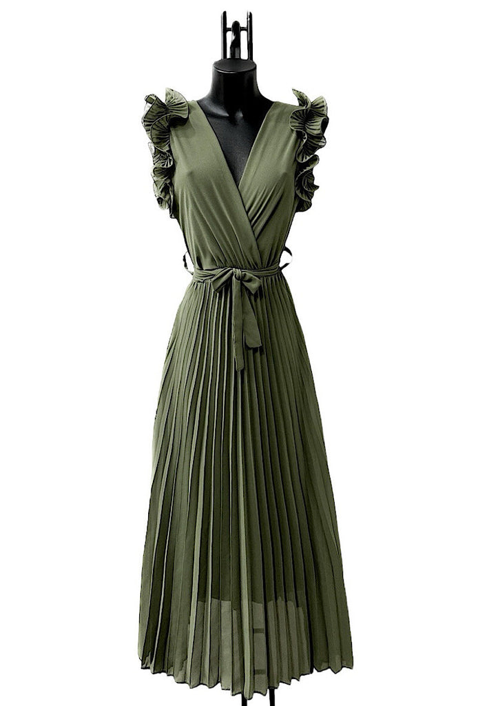 A2629 Khaki Ruffle Pleat Dress