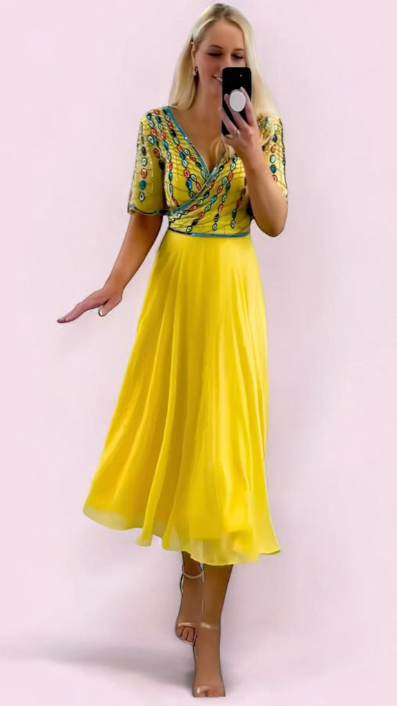 4-A2305 Glyn Yellow Embellished Flare Dress