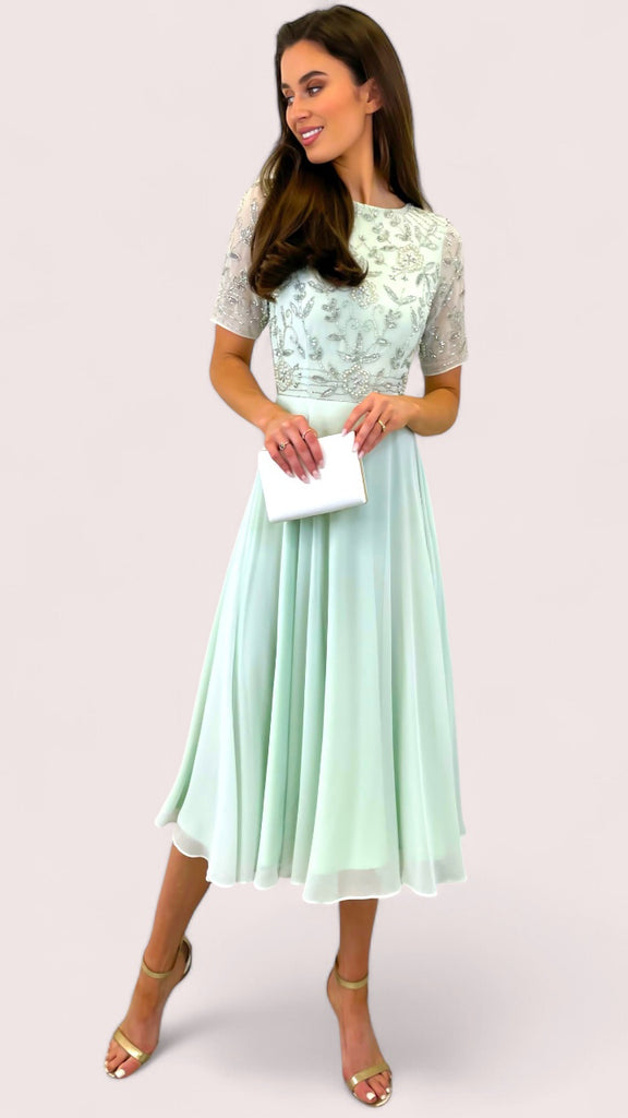 4-A2096GG Mint Embellished Flare Dress