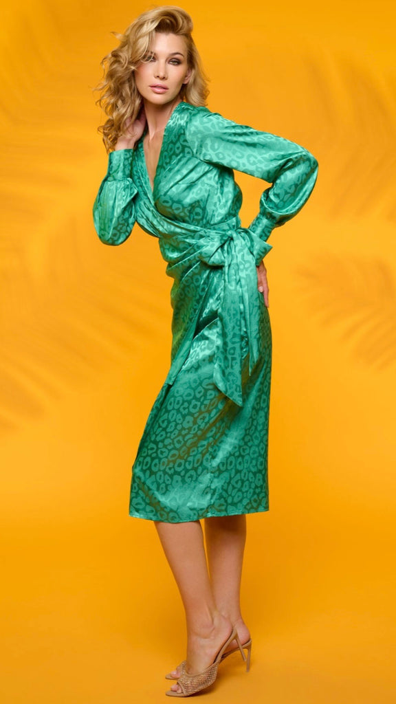 4-A2250 Valle Green Satin Wrap Dress