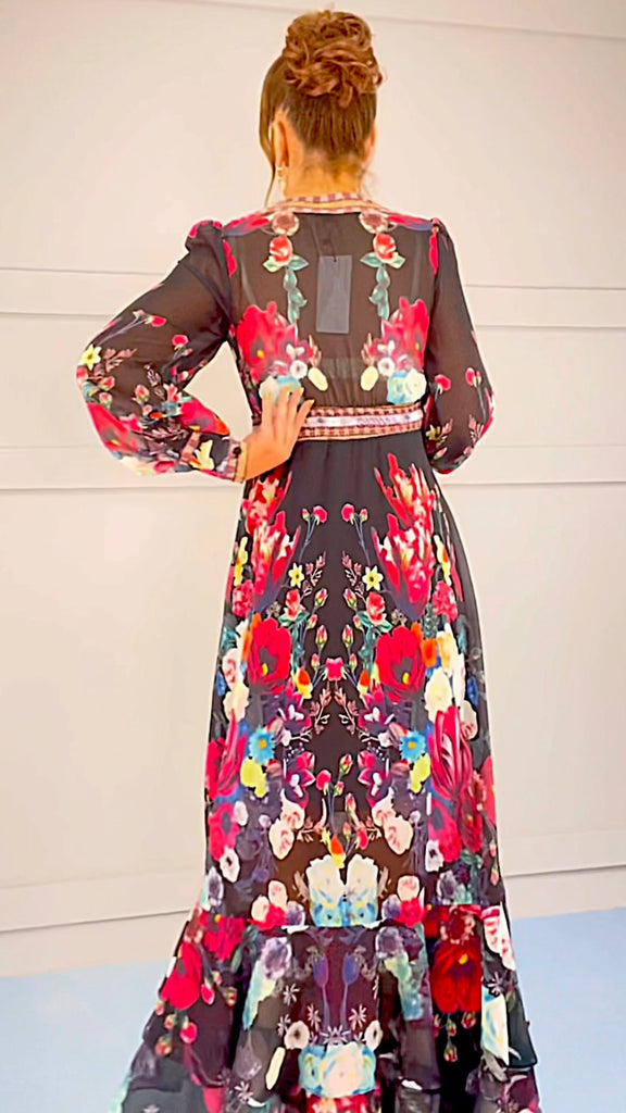 A2946 Bonny Black Floral Flounce Dress