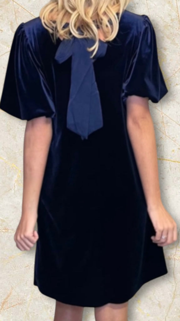 A2754 Navy Velvet Bow Back Dress