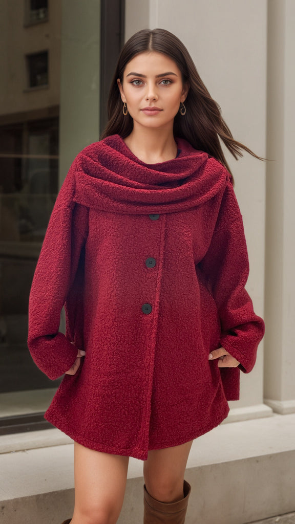 A2615 Burgundy Teddy Scarf Coat