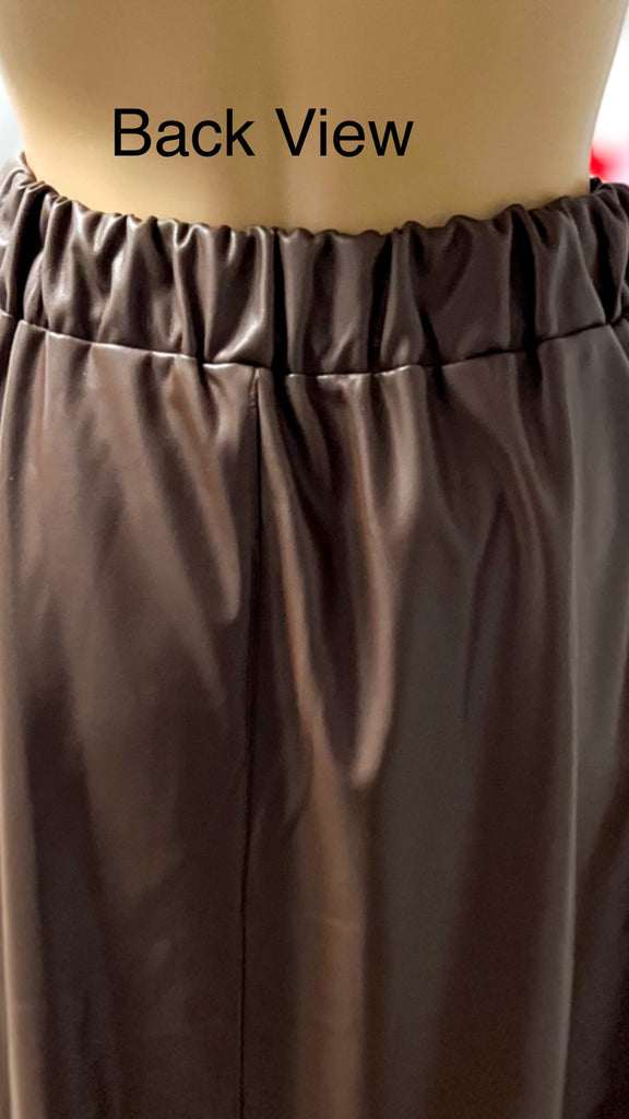 A2718 Brown Faux Leather Midi Skirt