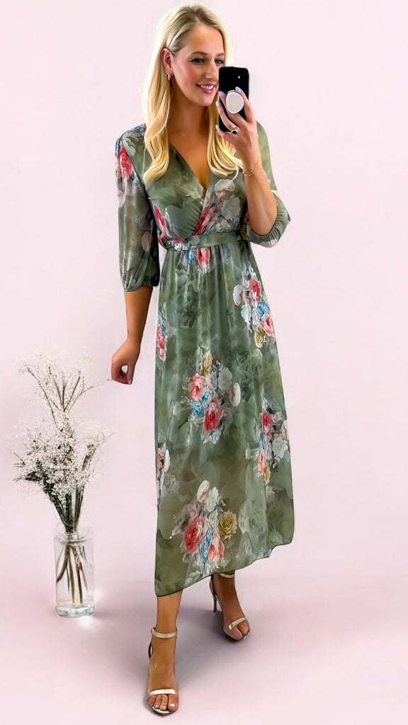 4-A2431 Davina Khaki Floral Dress
