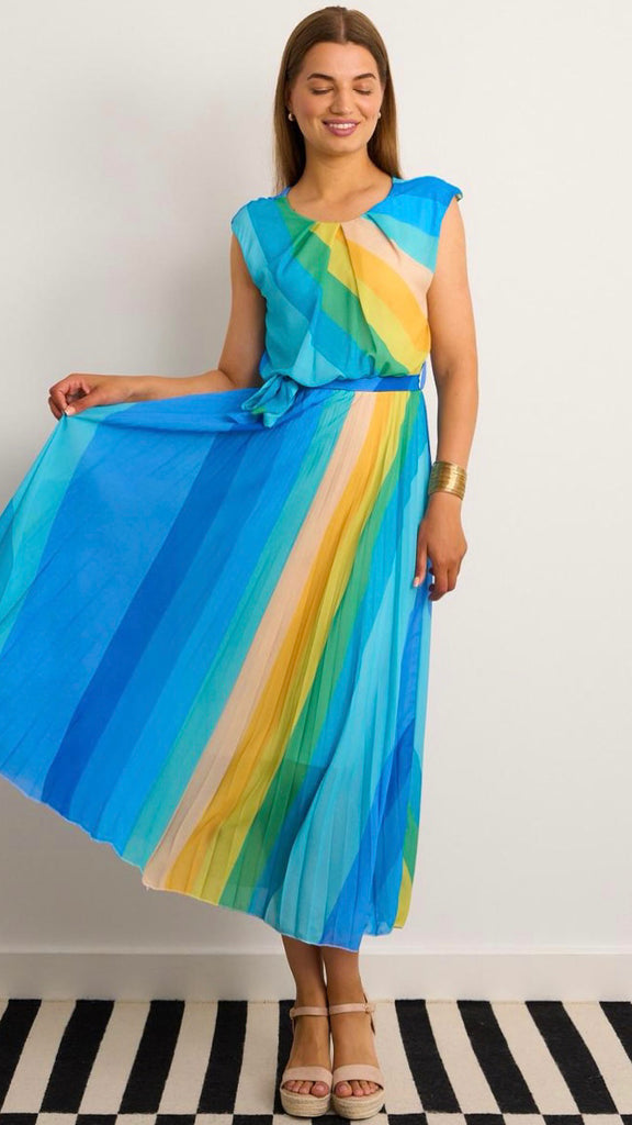 4-A2389 Spicy Turquoise Print Pleat Dress