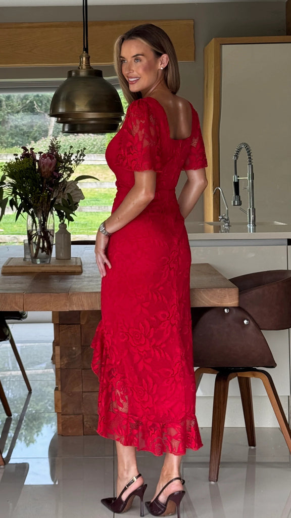5-A2563 Heidi Red Lace Rouched Dress