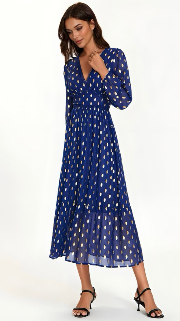 A2553 Shelly Royal Gold Foil Midi Dress