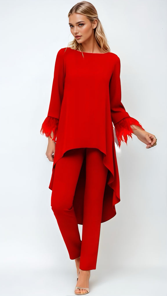 A2556 Evalo Red Feather Trouser Set 2 Piece