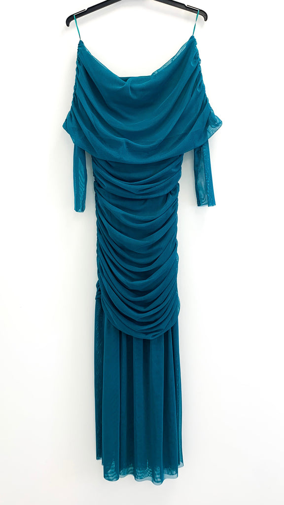 4-A2251 Shonda Teal Ruched Bardot Dress