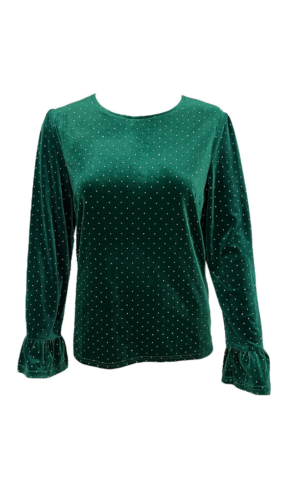 A2673 Donna Green Velvet Diamante Top