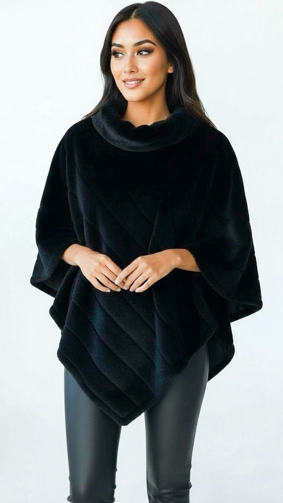 A2654 Black Faux Fur Poncho