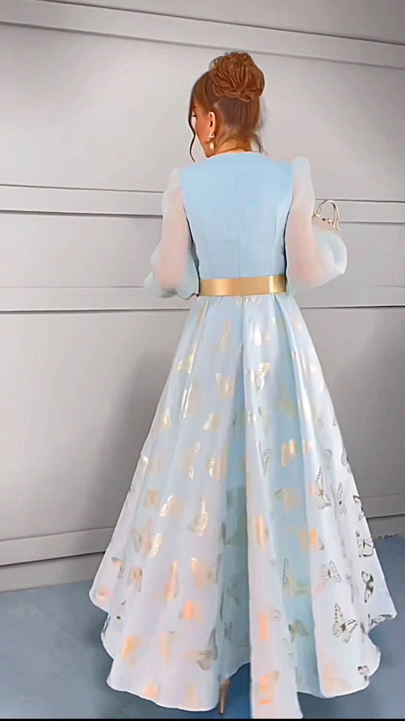 A2917B Thea Blue Butterfly Flare Dress