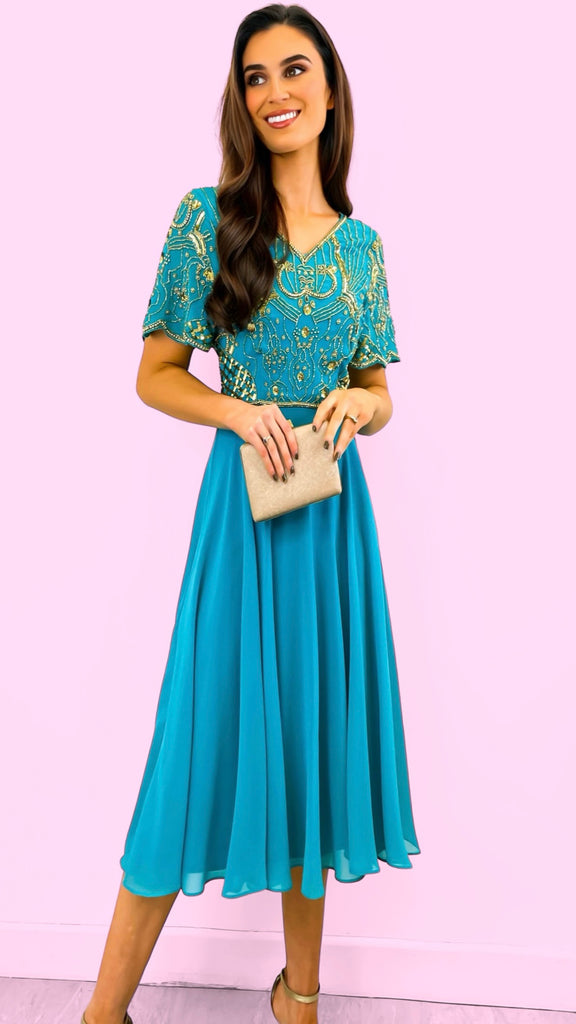 4-A2226 Turquoise Embellished Flare Dress