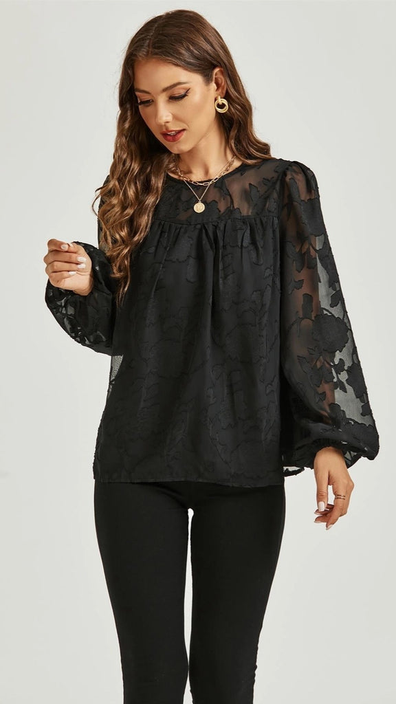 A2727 Flocked Black Lace Top