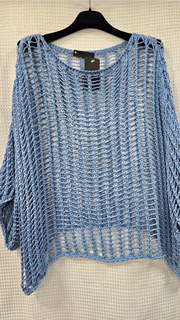 A2821 Blue Crochet Mesh Top