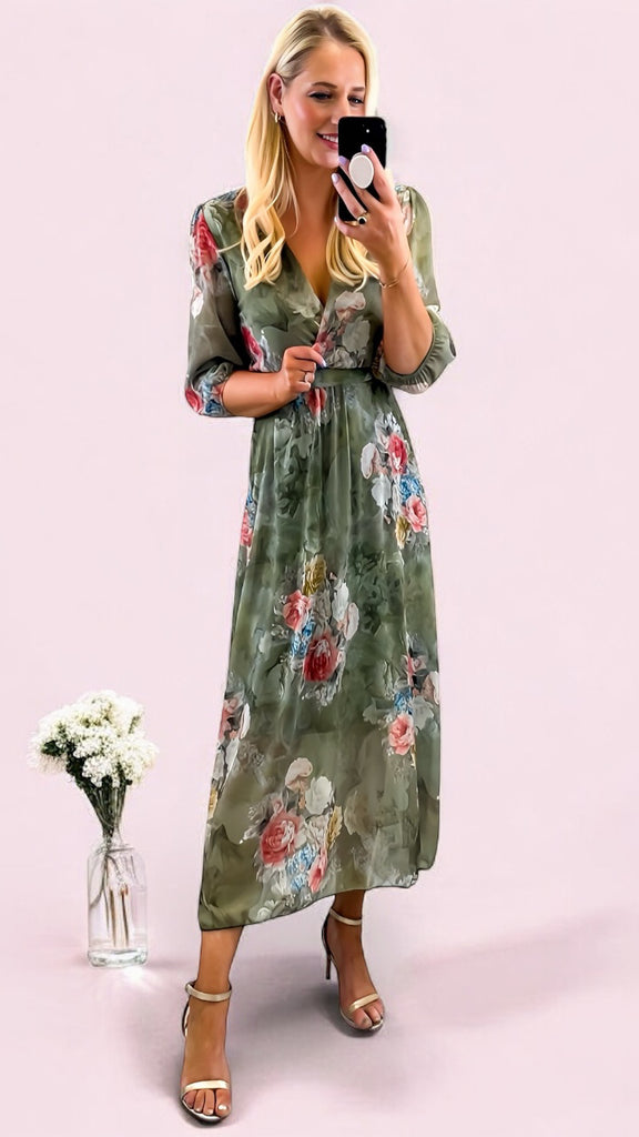 4-A2431 Davina Khaki Floral Dress