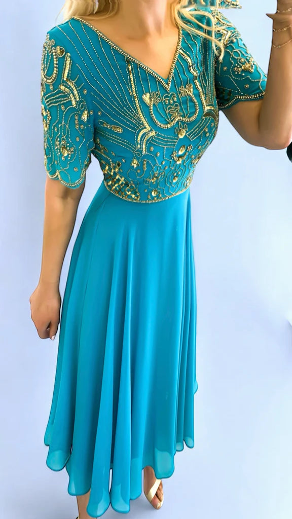 4-A2226 Turquoise Embellished Flare Dress