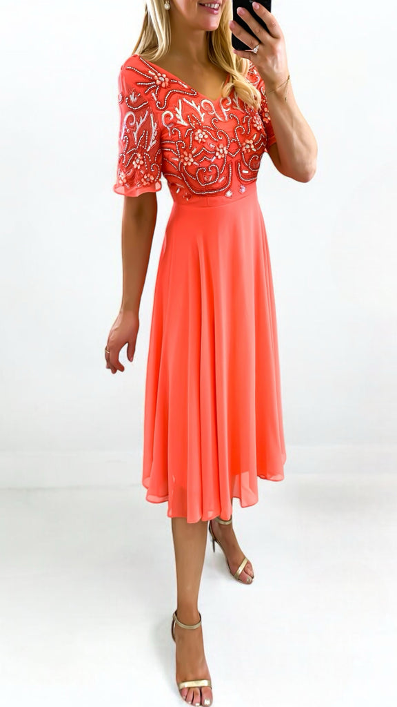 4-A2135 Coral Embellished Flare Dress