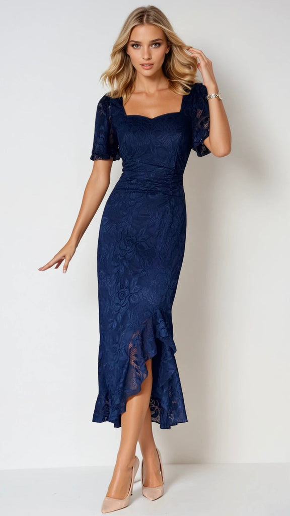 5-A2555 Heidi Navy Lace Rouched Dress