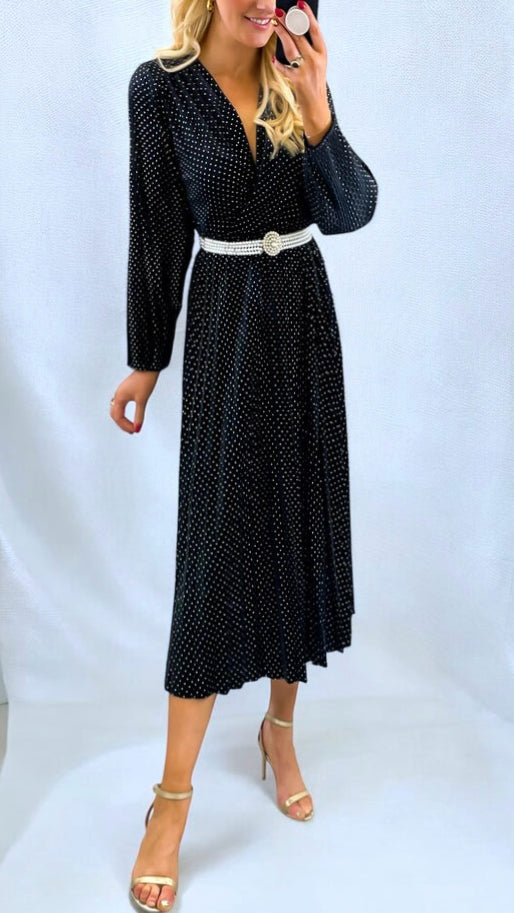 A2669 Black Sparkle Velvet Pleat Dress