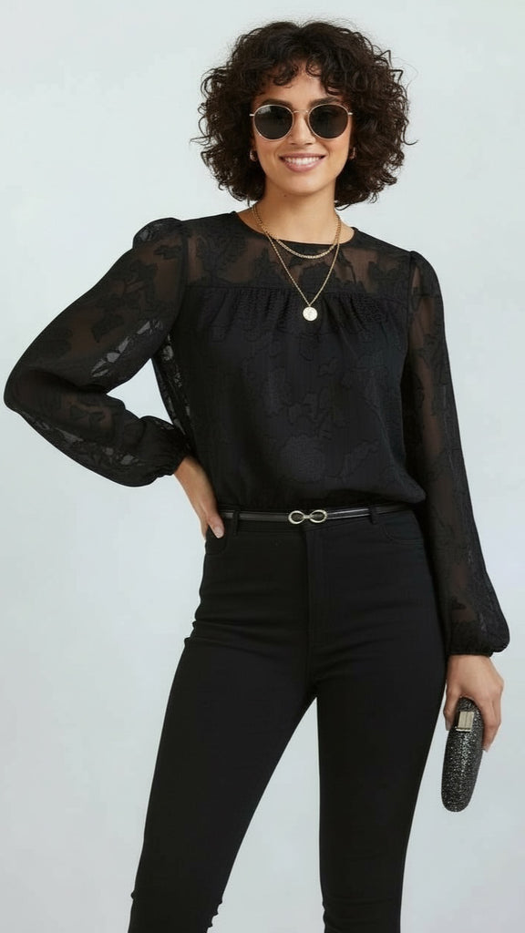 A2727 Flocked Black Lace Top