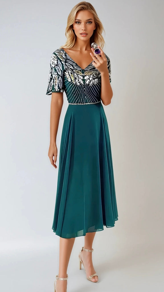 A2543 Nessi Green/Gold Embellished Dress