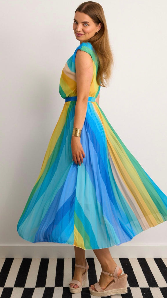 4-A2389 Spicy Turquoise Print Pleat Dress