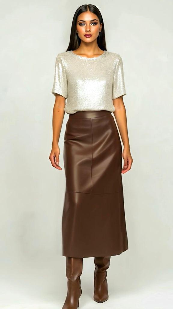 A2718 Brown Faux Leather Midi Skirt