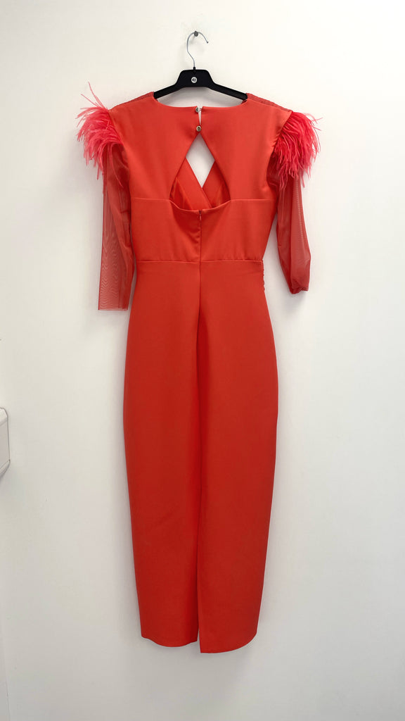 4-A2499 Palma Coral Feather Trim Dress