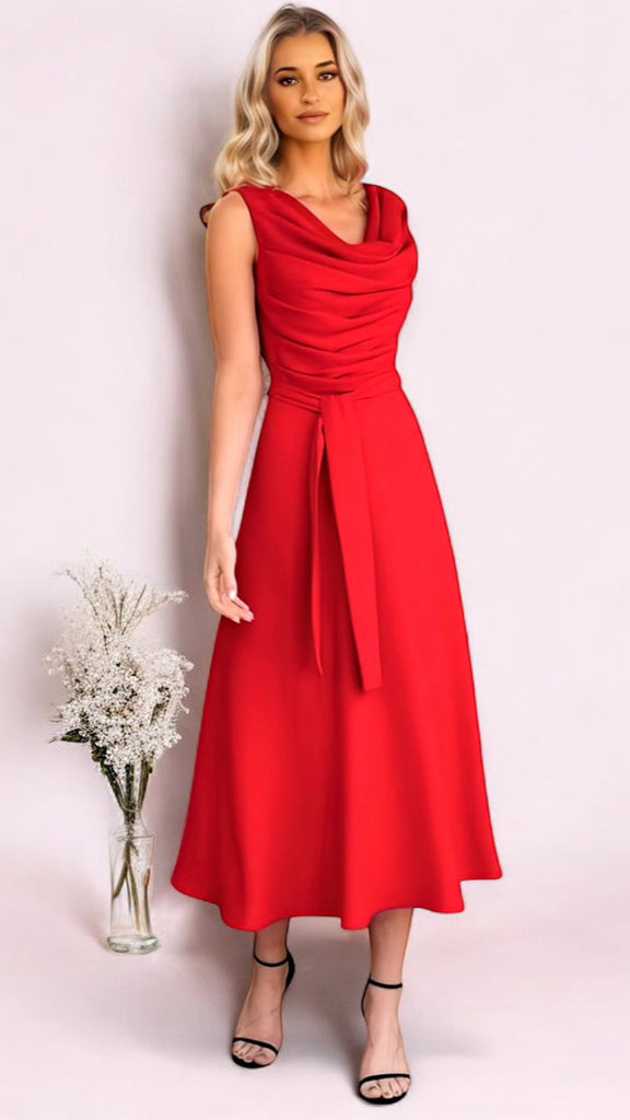 4-A2445 Clara Red Cowl Flare Dress