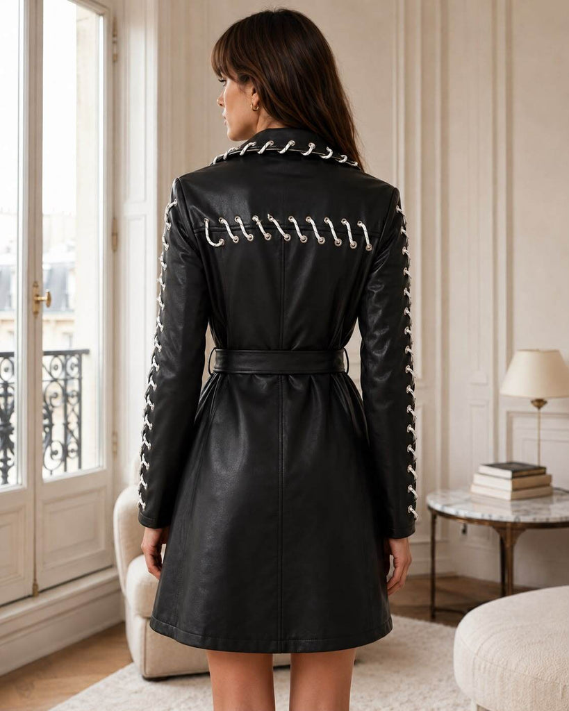 A3170 Lace Detail Faux Leather Coat Black