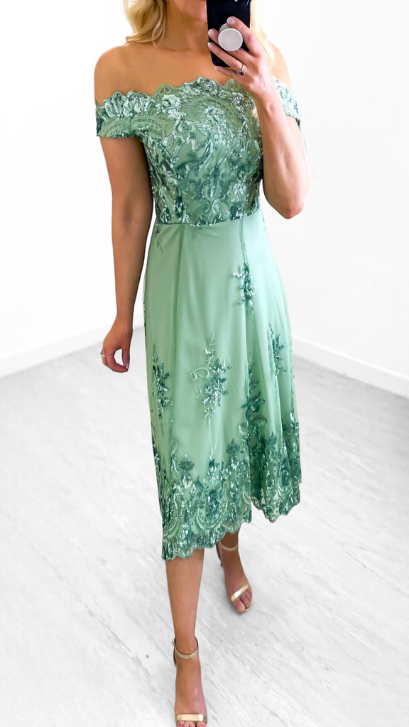 4-A0559 Moster Sage Bardot Hi Lo Dress