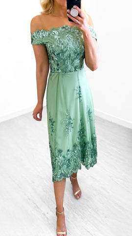 4-A1354 Tilly Green Embellished Flare Dress