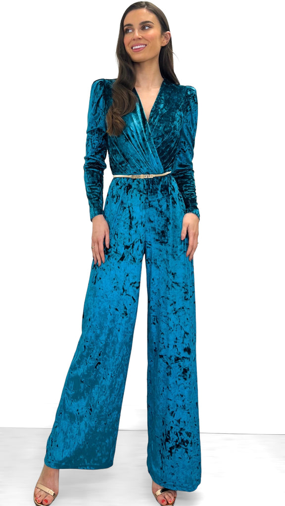 4-9980 Teal Crushed Velvet Jumpsuit