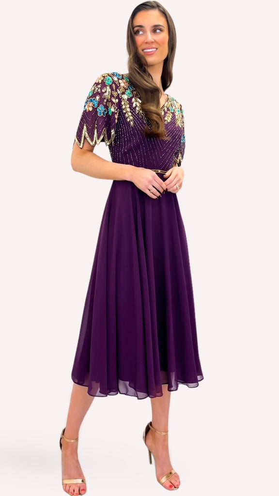 5-A1365 Purple Embellished Flare Dress
