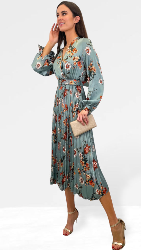 A0991 Sage Floral Pleat Dress