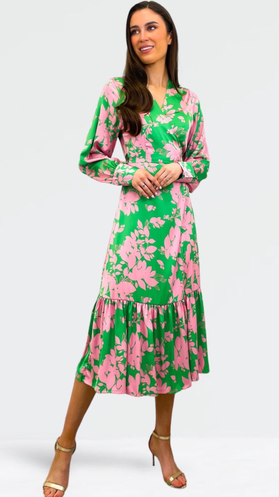 A0782 Cassandra Wrap Dress Green/Pink