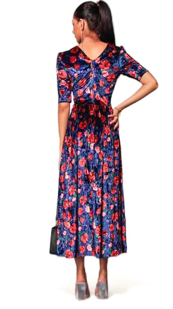 4-A1271 Navy Floral Velvet Midaxi Dress