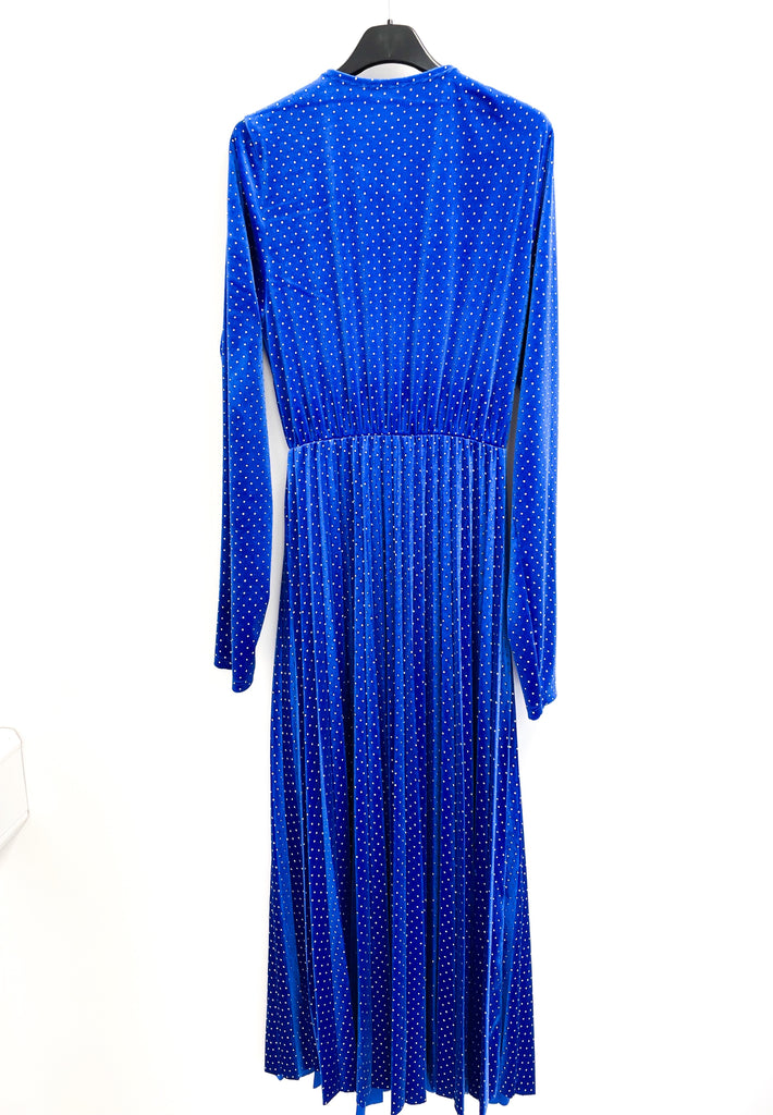 A2087BB Blue Dotty Velvet Pleat Dress