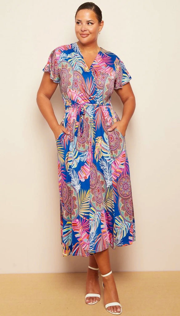 A0871 River Blue Tropical Print Dress