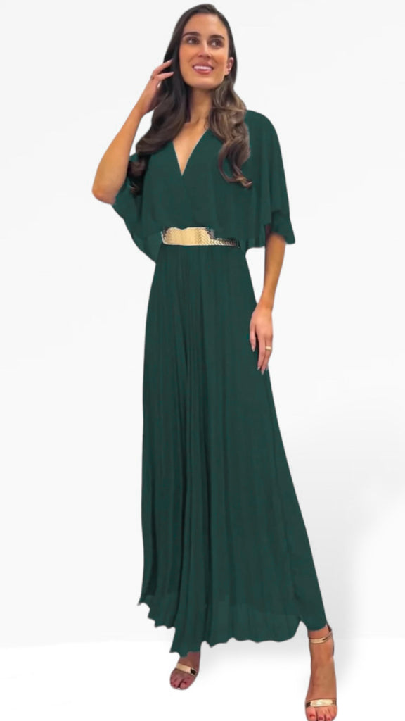A1022 Dark Green Cape Pleat Dress