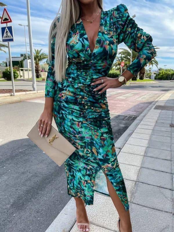 A0784 Kita Rouched Dress Green