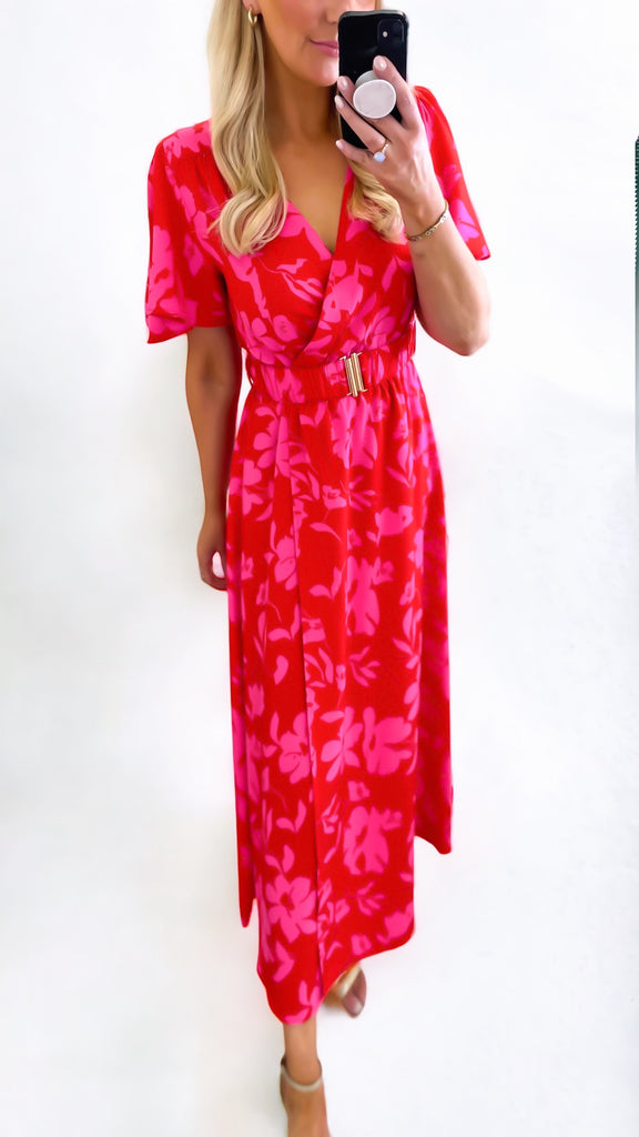 A0911 Mabilia Pink/Red Midi Dress