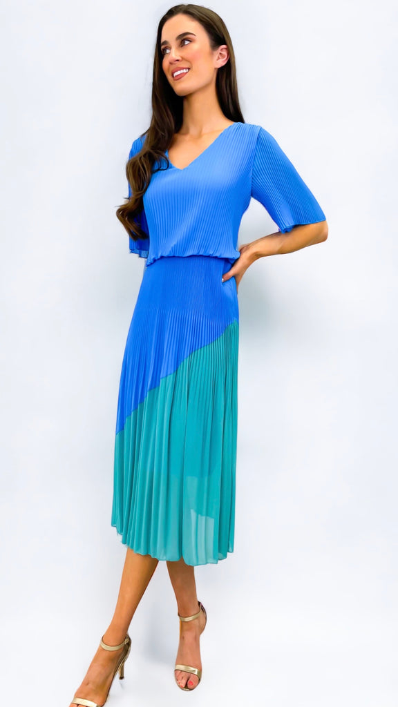 1-A0857 Blue/Jade Loose Top Pleat Dress