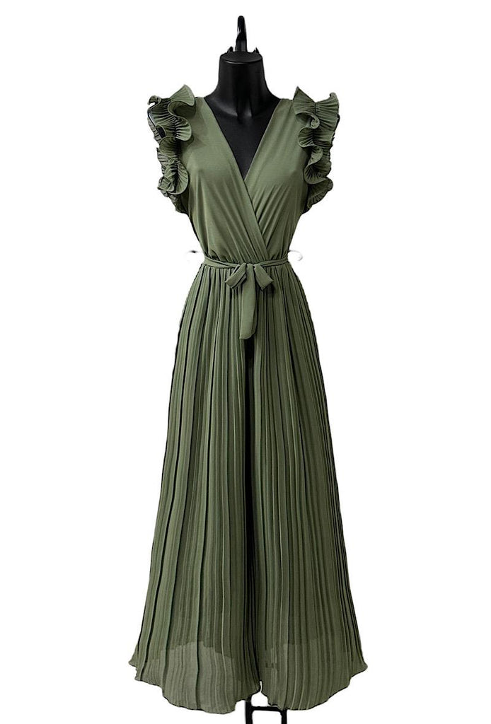 A2516 Khaki Ruffle Pleat Jumpsuit