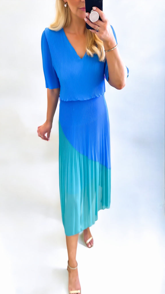 1-A0857 Blue/Jade Loose Top Pleat Dress